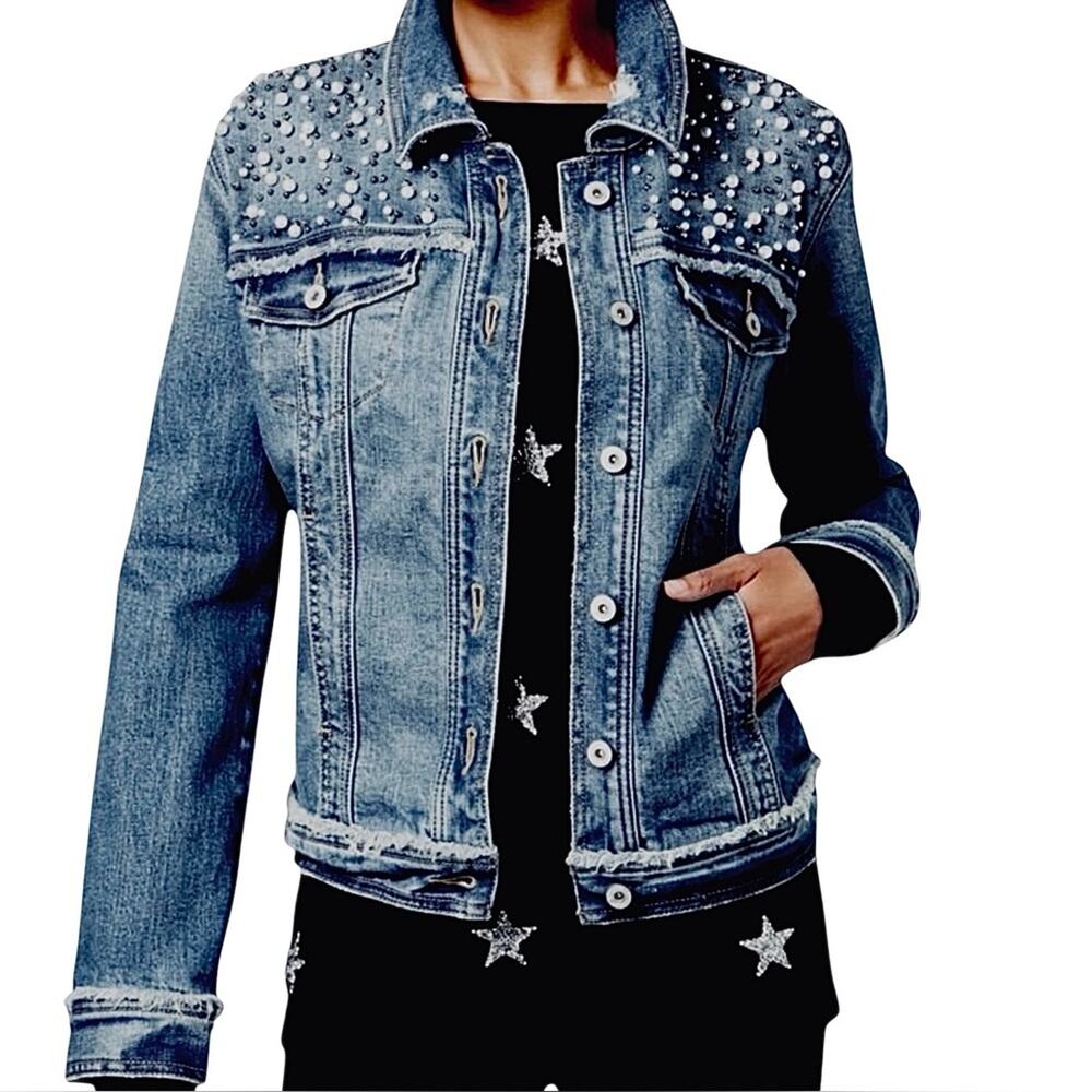 INC Embellished Jean Trucker Jacket Blue Denim Pearly Studs Fringe Whimsical S